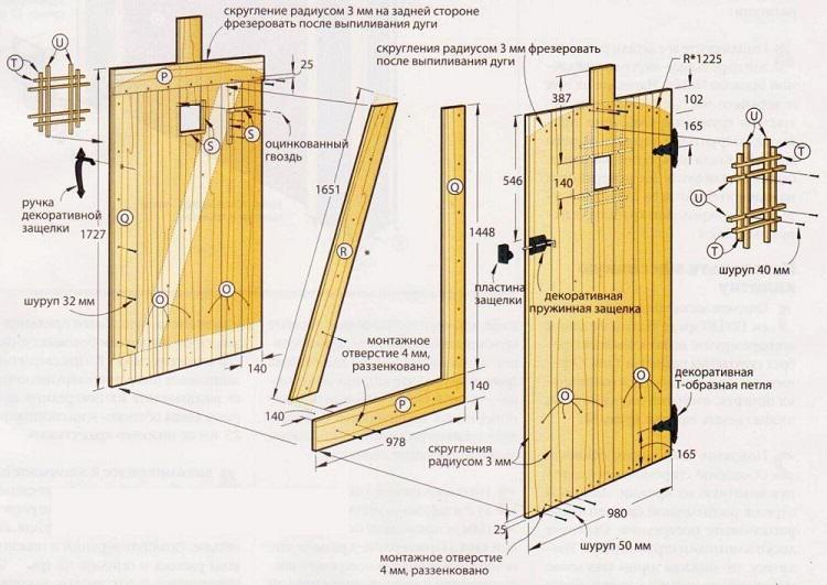 Двери - это рамка, собранная из доски толщиной 40 мм и шириной порядка 150 мм, внутрь которой помещены другие доски