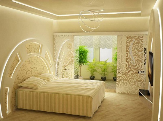 Декорирование спальни с помощью контурной подсветки установленной в короба на потолке и стенах. Такая подсветка хорошо может использоваться в качестве ночника.