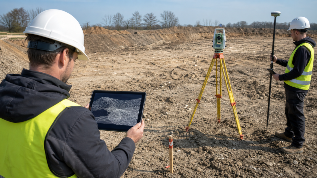 Геодезисты снимают исходный рельеф тахеометром и GNSS-приёмником
