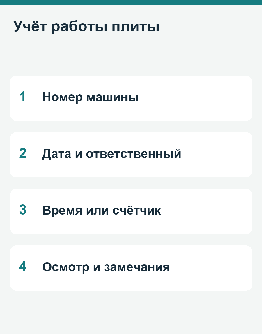 Учёт работы плиты: Номер машины, Дата и ответственный, Время или счётчик, Осмотр и замечания