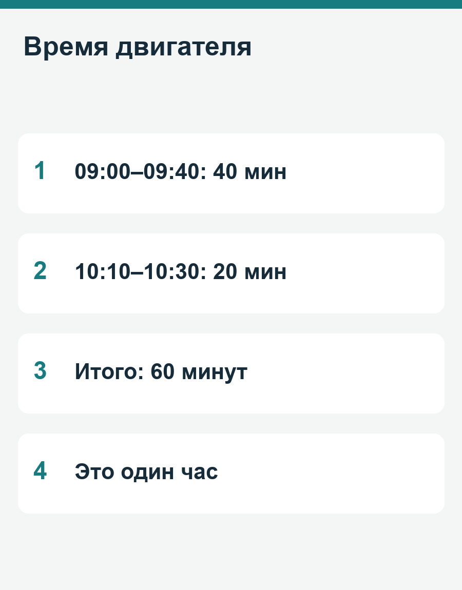 Время двигателя: 09:00–09:40: 40 мин, 10:10–10:30: 20 мин, Итого: 60 минут, Это один час